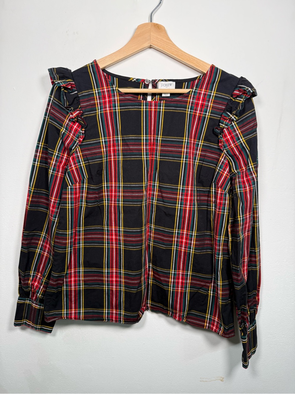 J. Crew Black Plaid Ruffle-Shoulder Blouse with Red and Yellow Stripes